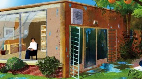 House with man inside, cooled by an air conditioner