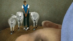 Illustration of a man sleeping as an alter ego surrounded by sheep practices his golf swing