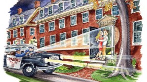 Humorous illustration of campus police seeing late-night daters’ final kiss