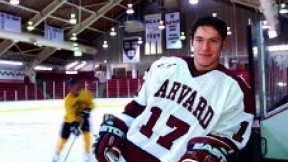 Dominic Moore, Harvard’s leading scorer last year, takes a breather at Bright Hockey Center.