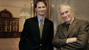Outside the Caspersen Room at the Harvard Law School Library: Ess Librarian and professor of law John G. Palfrey VII with University Library director and Pforzheimer University Professor Robert Darnton.