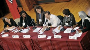 Panelists at the tenth-anniversary symposium discuss how their time as Radcliffe Fellows helped them bridge boundaries between genres. From left to right: English professor Leah Price, painter Beverly McIver, filmmaker Jeanne Jordan, composer Tarik O’Regan, filmmaker Anne Makepeace, and lawyer Hauwa Ibrahim.