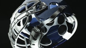 These views (above and below) of the Xenith football helmet show the disc-shaped shock absorbers that adapt to the magnitude and direction of the hit, adjusting the helmet’s compression accordingly.
