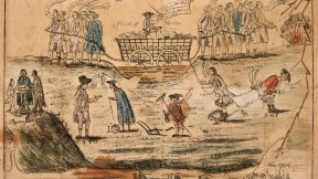 Amos Doolittle cheekily depicted the passions over ratification in this 1787 engraving with watercolor, with “Federals” (business interests), left, and agrarian “Antifederals,” right, differing over currency and Connecticut’s debts: a mired wagon being pulled in opposite directions. 