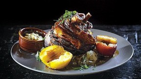 Bronwyn is a great place to hunker down for a wintry meal of sausages, beer, <i>pierogi,</i> and the &ldquo;giant pork knuckle.&rdquo; (pictured)