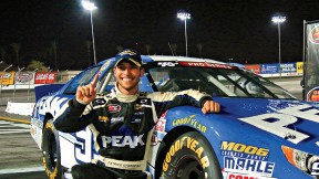 A grinning Staropoli celebrates after winning the NAPA Auto Parts 150 in Irwindale, California, last year.