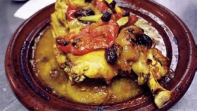 Moroccan roast chicken with onions, tomatoes, and raisins