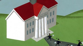 An illustration showing money being deposited via funnel into a columned building labeled "college"