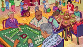 Illustration of elderly Chinese participating in activities at a senior center