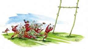 Drawing of Harvard and Oregon football players at the Rose Bowl, with the goalposts depicted at two long-stemmed red roses with a bar between them