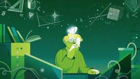 Imaginative drawing of a student contemplating mathematical concepts floating above his head