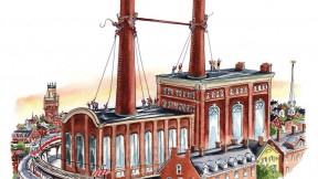 A drawing showing a large crossbar being hauled into place between two tall smokestacks to make a giant "H" for "Harvard"
