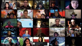 A Zoom screen shot of multiple Harvard student members of the College radio station, WHRB