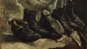 Painting of three pairs of worn, heavy shoes by Vincent van Gogh