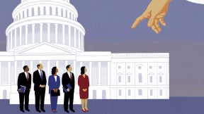 An illustration by James Steinberg shows a heavenly hand extending down to the U.S. Capitol and attempting to influence members of Congress