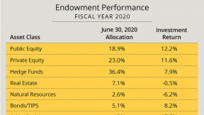 Exhibit showing Harvard Management Company investment returns by asset class in fiscal year 2020
