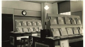 An historic photograph from Radcliffe’s Schlesinger Library archives shows the 1936 exhibition on women scientists—in this case, folders of their published scholarship.