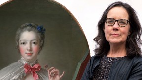 A photograph of art historian Cassandra Albinson next to a photograph of a portrait of the Marquise de Pompadour applying pink rouge to her cheeks