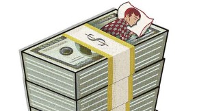 Illustratio of a man sleeping on a mattress made of stacks of dollars.