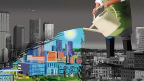Illustration of a watering can irrigating a city to make it healthy