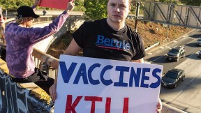 Photo of anti-vaccination protest, Los Angeles, October 12, 2021