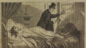 Newspaper illustration depicts Richard P. Robinson fleeing Helen Jewett's murder scene