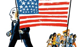 Illustration showing U.S. flag pulled different directions by an oligarch and ordinary citizens