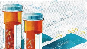 Illustration of pill bottles, and the long shadow of higher drug prices supported by coupons