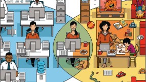 Illustration showing that a blend of working from home and in the office leads to better-performing and happier employees