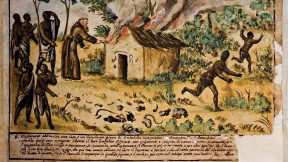 Conflicting cultures in Africa: “The Missionary burns the House of a Witch,” ca. 1750, from the book, Images on a Mission in Early Modern Kongo and Angola