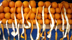 Oranges stacked for sale at a Moroccan bazaar