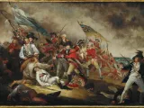 Historical battle scene with soldiers in red and blue uniforms, flags waving, chaotic action.