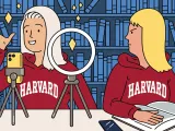 Illustration of two students in Harvard hoodies, one speaking animatedly to a phone, the other reading, looking annoyed.