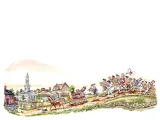 Historical scene depicting a parade with soldiers and a town square in the background.