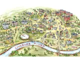 Colorful illustrated map of Colonial Cambridge and the Harvard College campus featuring buildings of the campus, houses, Cambridge Common, and the Charles River
