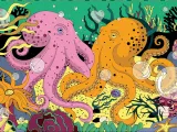 Two colorful octopuses swim among vibrant coral and sea life in a lively underwater scene.