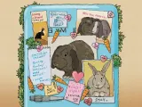 A blue refrigerator covered with animal pictures, notes, and drawings, surrounded by greenery.