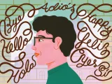 A profile illustration of a man surrounded by colorful, whimsical text in multiple languages.
