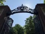 Wrought iron gates with intricate design, framed by greenery against a clear blue sky.