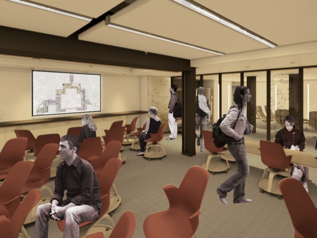 Courtesy of Harvard Public Affairs and Communications A new “smart" classroom on the lower level of Dunster House; in this schematic, a House floorplan is projected on the rear screen.