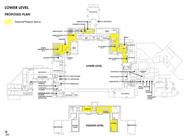 Plans for the reconfigured lower level and squash courts in Dunster House