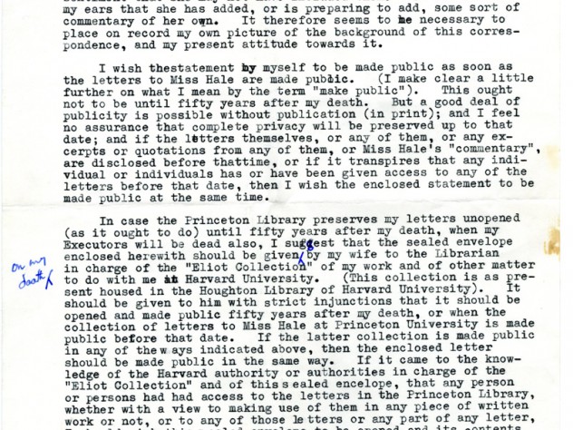 A typewritten page of instructions, "to my executors, regarding the envelope enclosed herewith."
