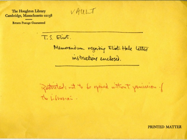 An official Houghton envelope with the words: "Memorandum regarding Eliot Hale letters, instructions enclosed."