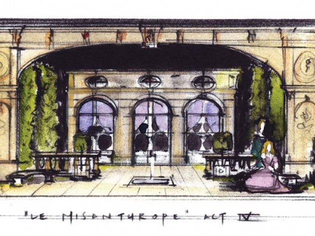 Image courtesy of Carl Sprague For Molière’s <i>The Misanthrope</i> at Berkshire Theatre Festival in Stockbridge, Massachusetts, Sprague’s sketch (shown) became a model later built as the play’s set.
