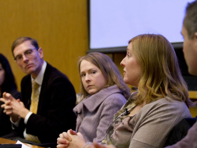 Photograph by Amanda Swinhart/Harvard News Office Led by professor of history Maya Jasanoff (from left), Harvard faculty Martin Puchner, Ann Pearson, Hopi Hoekstra, and David Charbonneau participate in Conversations @ FAS, a panel discussion that imagines how current trends may transform the way Harvard faculty teach and carry out their research in the future. The discussion was held in the Tsai Auditorium of CGIS South at Harvard University.
