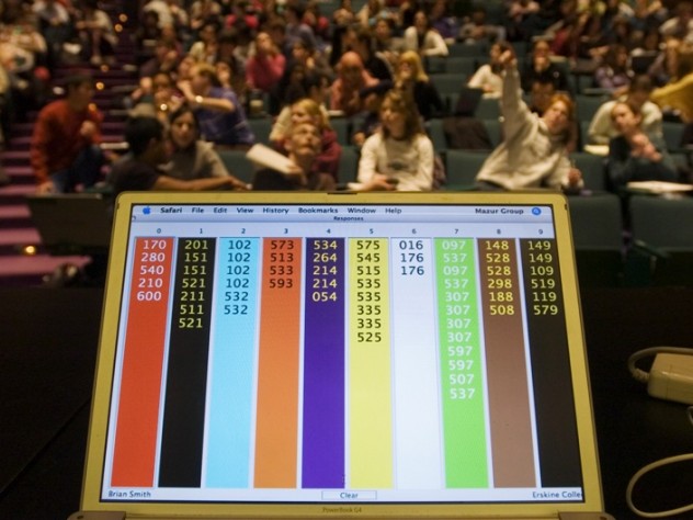 ...and a laptop at the front of the classroom tallies students’ responses.