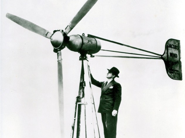 Photograph courtesy of Jacobs Wind Electric and the Jacobs Family American inventor Marcellus Jacobs atop one of his wind turbines in the 1940s
