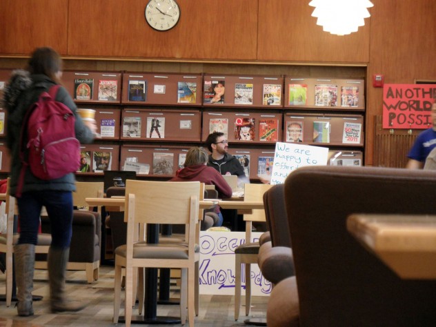 Photograph by Harvard Magazine/JS The protesters vowed to remain in Lamont Café until Friday, February 17.