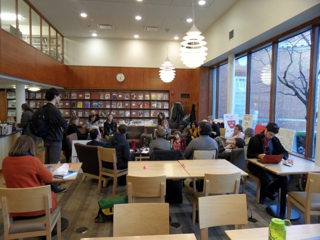Photograph by Harvard Magazine/JS Protestors held a "Think Tank" Monday to discuss questions such as "What is a Library?" and "What does the library of the future look like?"