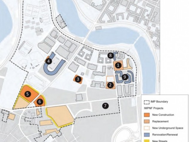 Harvard's new master-plan submission shows the already-approved Allston science center site as the large tan block outlined in yellow at the lower section of the map.